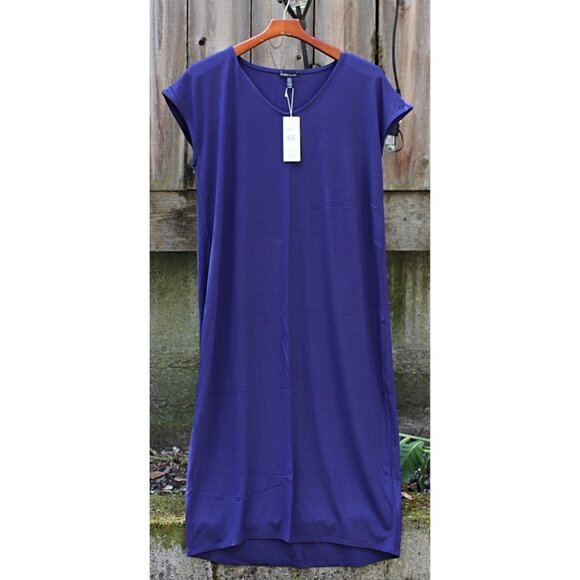 New w/Tags - Eileen Fisher V-Neck, Calf Length Dress in Viscose Jersey, Purple M - Picture 9 of 12